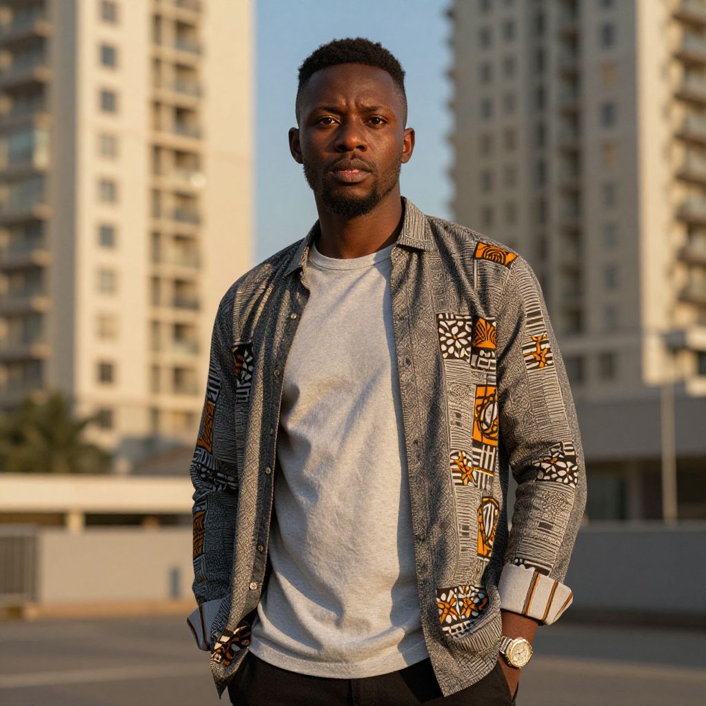 Confident Urban Man Wearing Patterned Shirt in Cityscape