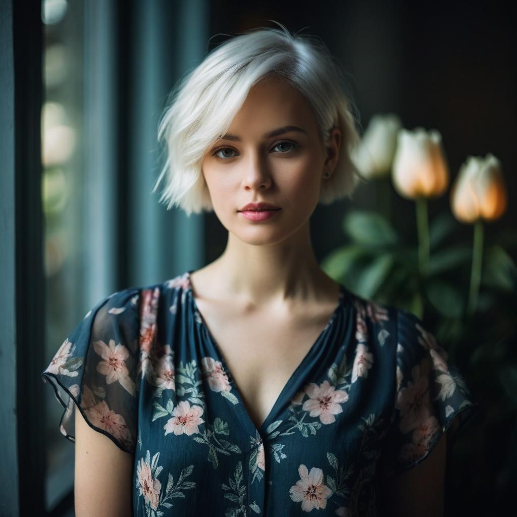 Portrait of Woman with Platinum Blonde Hair and Floral Blouse Near Window