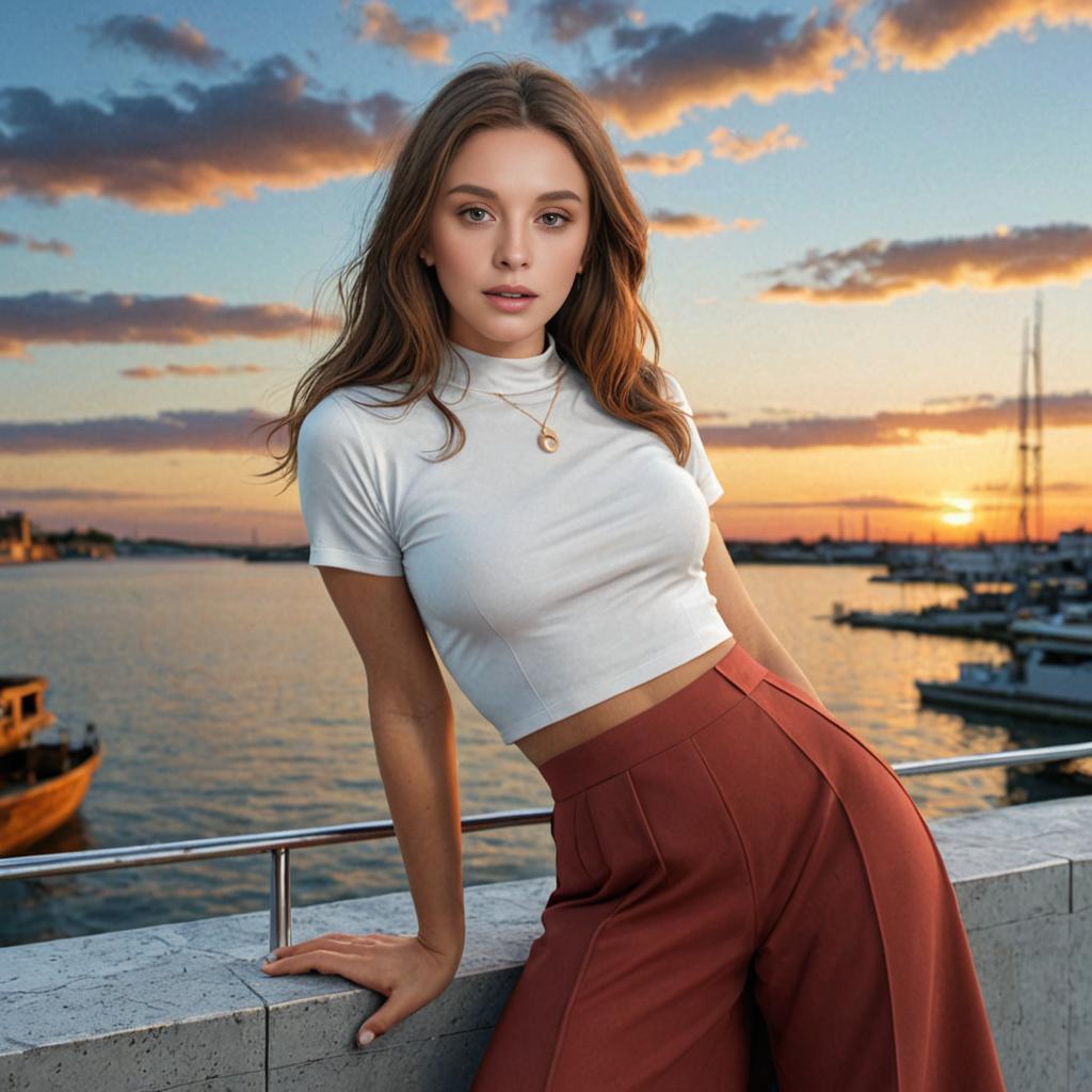 Stylish Woman by Riverside at Sunset