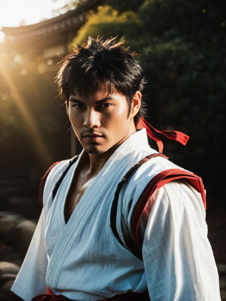 Man in Realistic Ryu Cosplay Costume Martial Arts Outfit