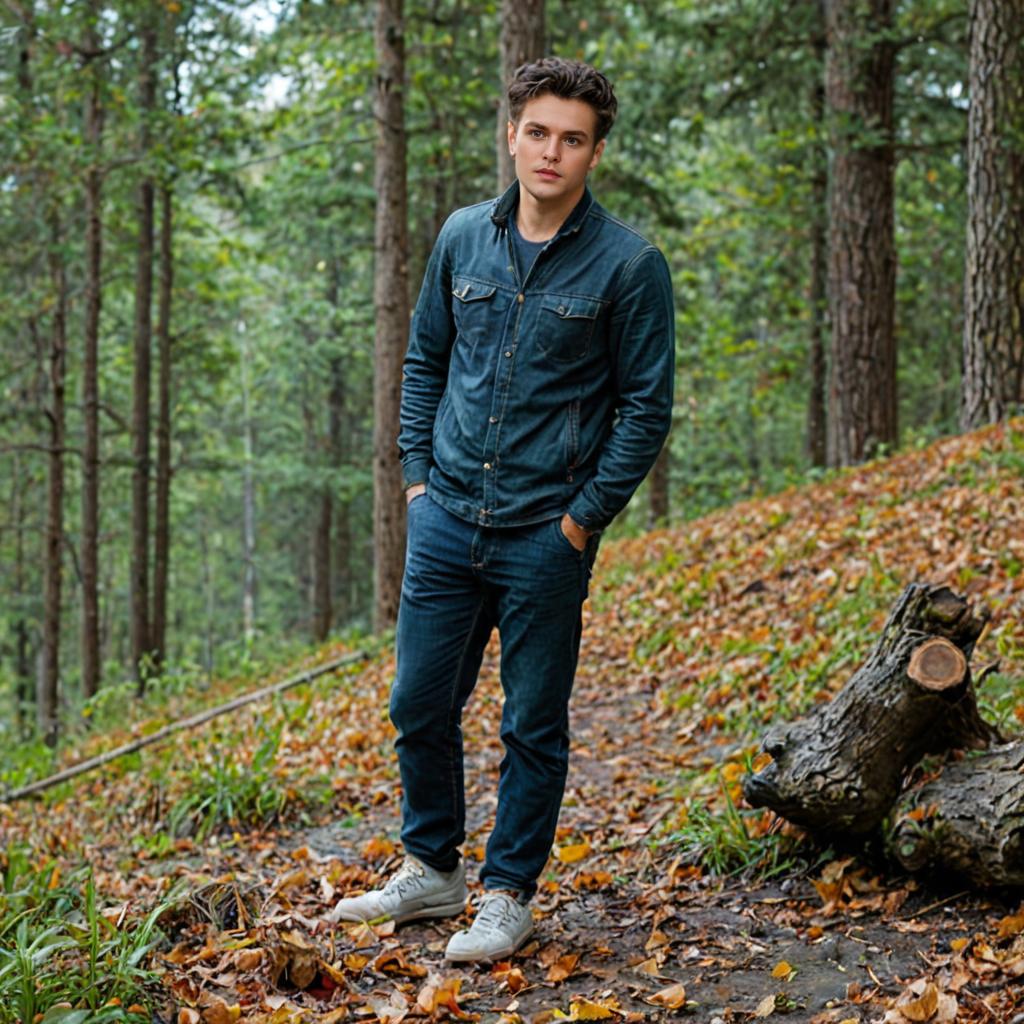 Confident Young Man in Denim in Lush Forest