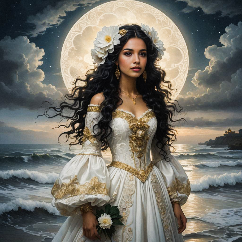 Woman in White and Gold Gown by the Ocean Under Moonlight