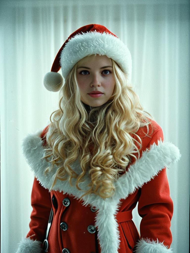 Young Woman in Red Santa Coat with Faux Fur Trim and Santa Hat