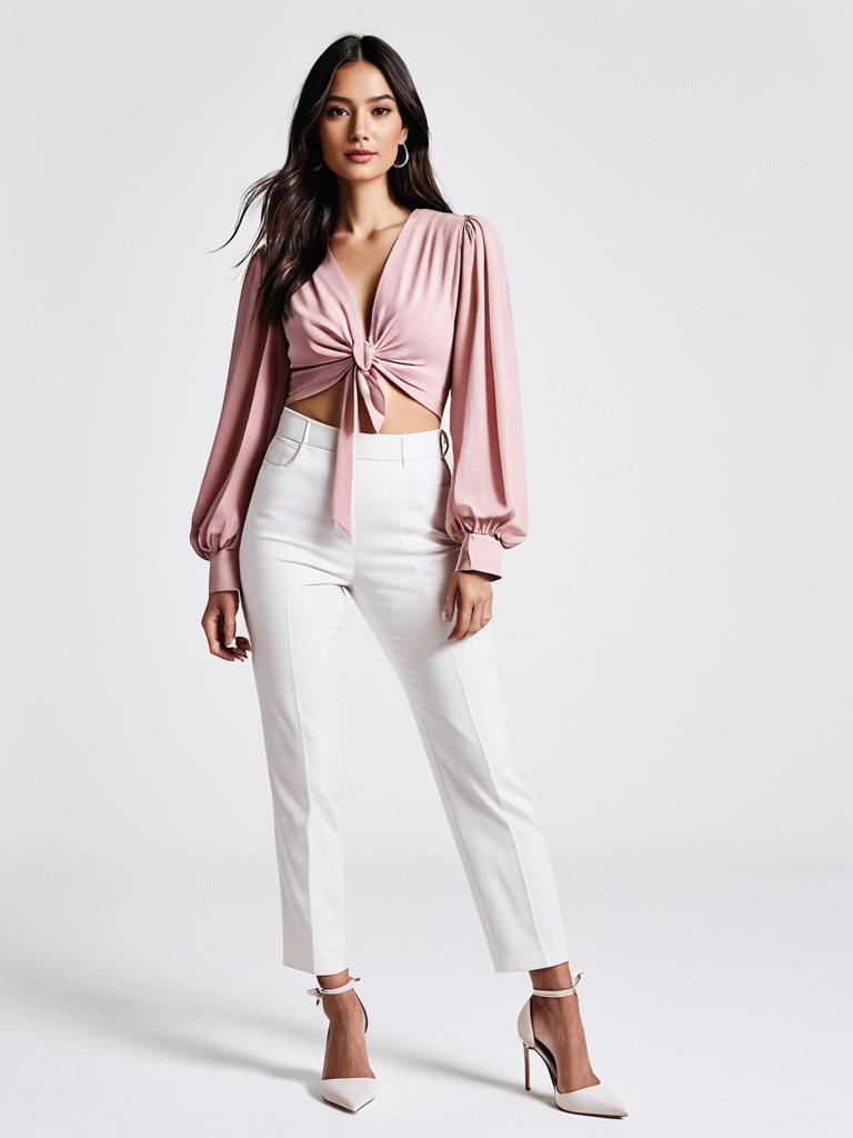 Contemporary Chic Woman in Soft Pink Knot Blouse and White Tailored Pants