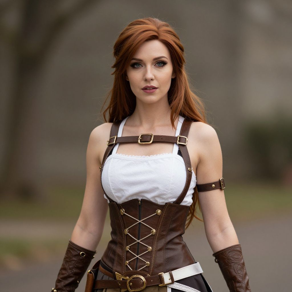 Red-Haired Woman in Steampunk Leather Corset Outfit Outdoors