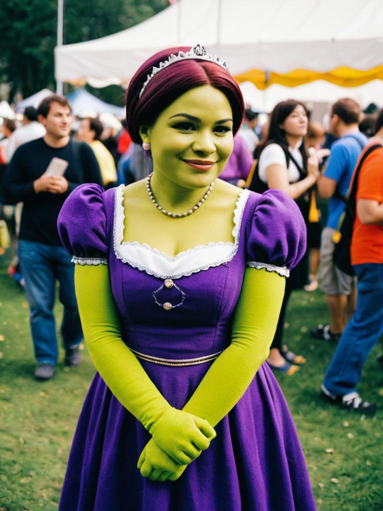 Woman in Purple Dress Shrek Costume at Festival Cosplay