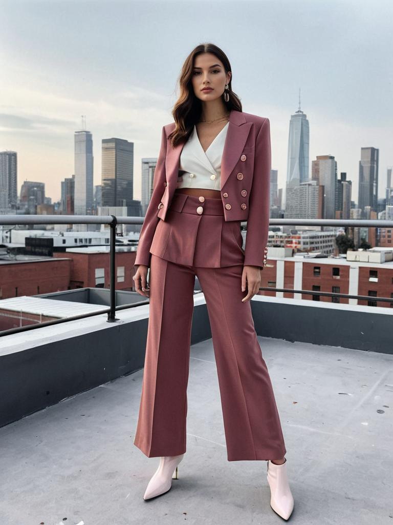 Stylish Woman in Mauve Pantsuit on Urban Rooftop with City Skyline