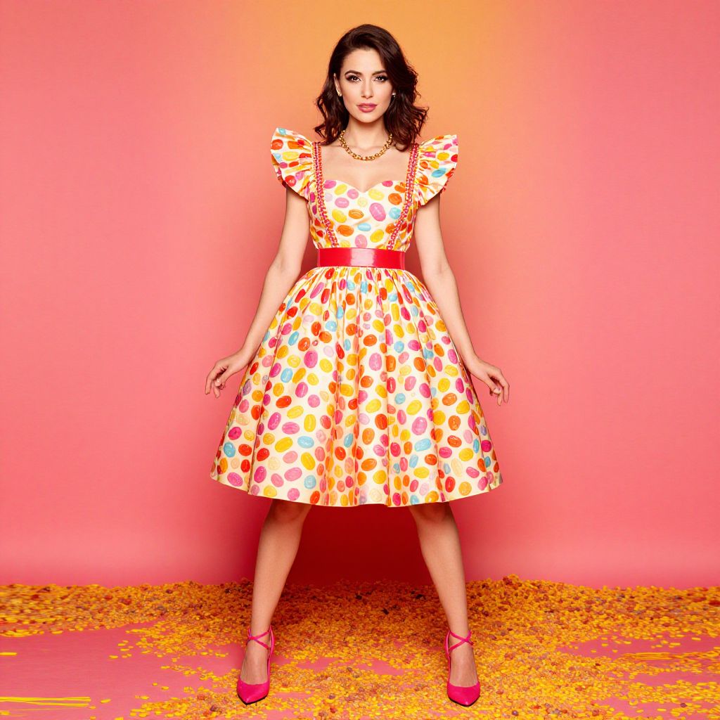Woman in Vibrant Retro Polka Dot Dress with Ruffled Sleeves and Pink Heels