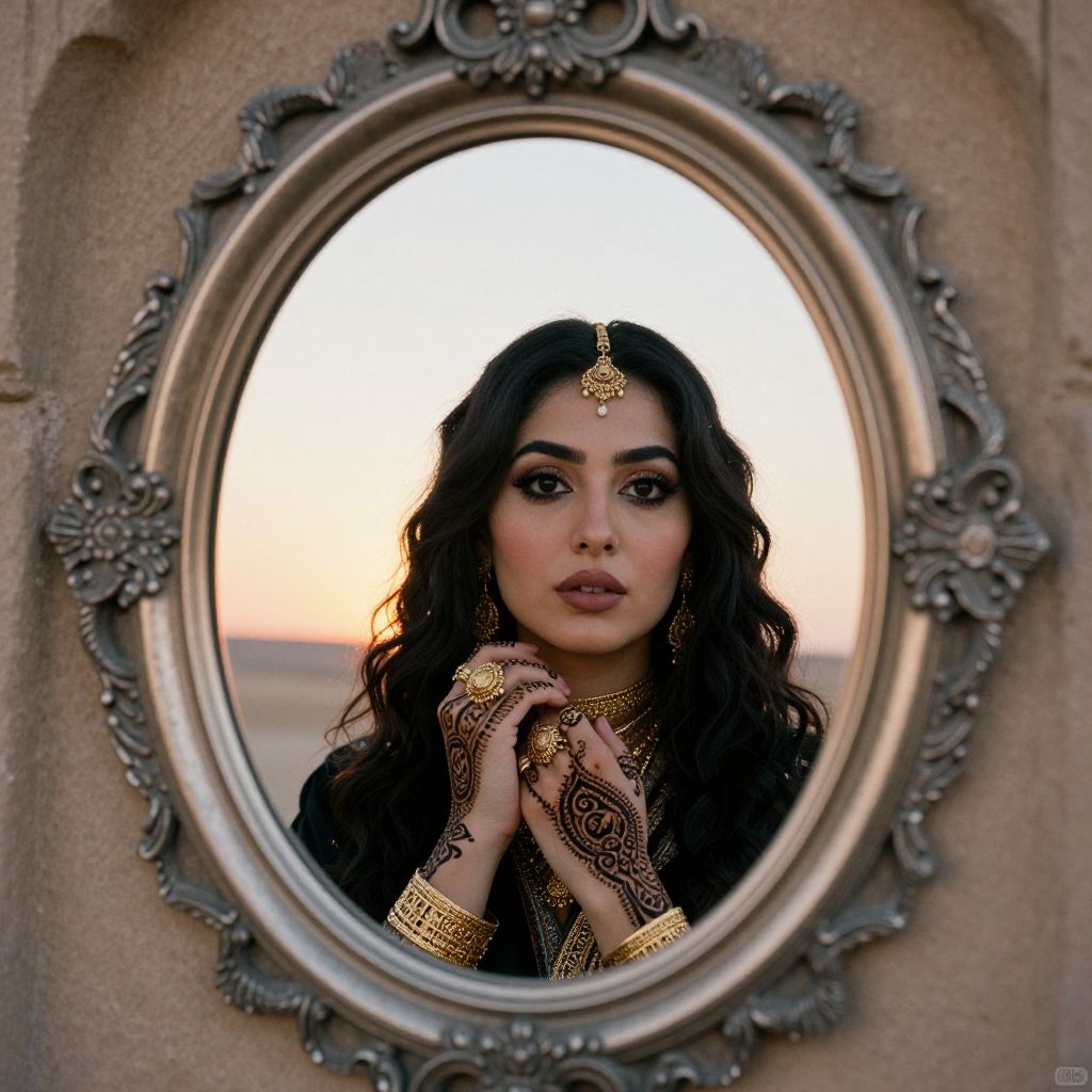 Elegant Woman with Traditional Henna and Gold Jewelry Reflected in Vintage Mirror