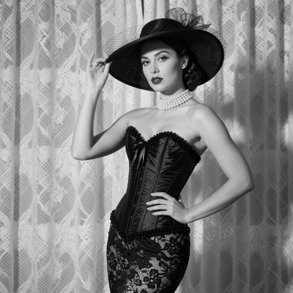 Vintage Elegant Woman in Black Corset and Wide-Brim Hat Black and White
