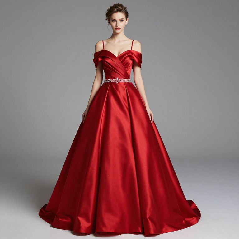 Elegant Red Satin Off-Shoulder Evening Gown with Jeweled Belt