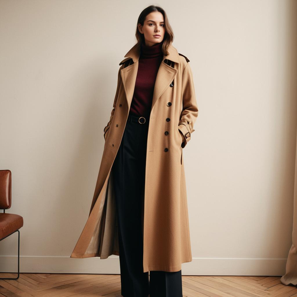 Elegant Woman in Camel Trench Coat and Maroon Turtleneck Indoor Fashion
