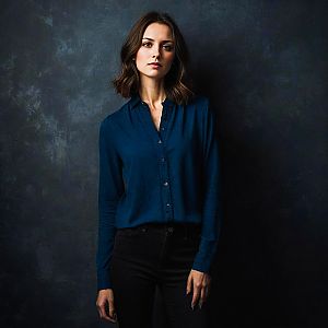 Confident Young Woman in Blue Shirt