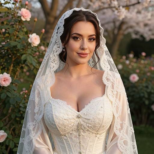 Elegant Bride in Lace Wedding Dress with Veil in Rose Garden