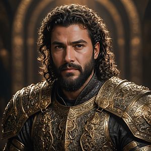 Man in Medieval Armor with Curly Hair and Beard