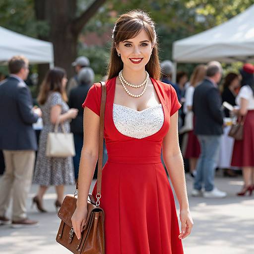 Elegant Woman in Vintage Red Dress and Pearls at Outdoor Social Event