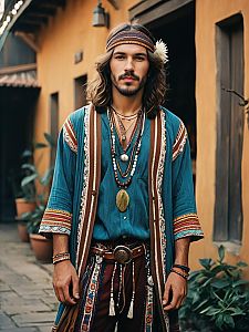 Man in Bohemian Style Outfit Cinematic Realism Free Spirited Portrait