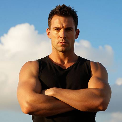Confident Muscular Man with Arms Crossed Against Blue Sky