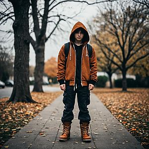 Sad Halloween Costume Boy in Rust Hoodie and Brown Boots Outdoors