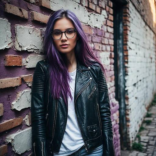 Young Woman with Purple Hair and Leather Jacket Against Urban Brick Wall
