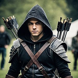 Focused Young Archer in Dark Hooded Outfit