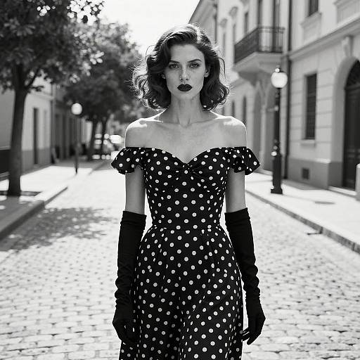 Retro Polka Dot Dress Woman in Vintage Black and White Photo
