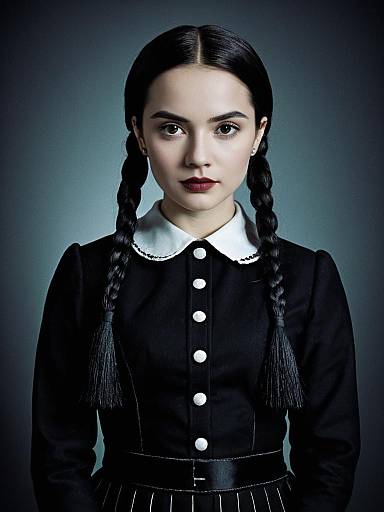 Photorealistic Studio Portrait of Woman in Wednesday Addams Costume