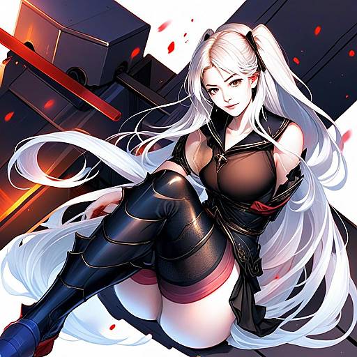 Anime Girl with Long White Hair in Futuristic Armor Against Mechanical Backdrop