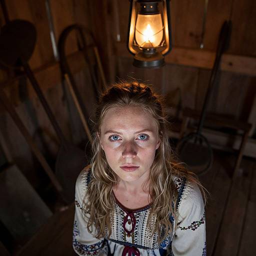 Portrait of Woman in Rustic Room with Lantern Light Wearing Embroidered Blouse