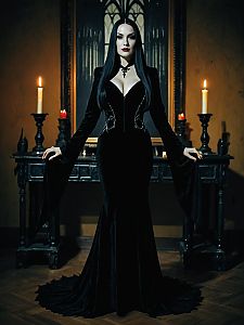 Woman in Morticia Addams Costume Gothic Full Body Cosplay Photo