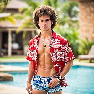 Confident Young Man by Pool in Hawaiian Shirt