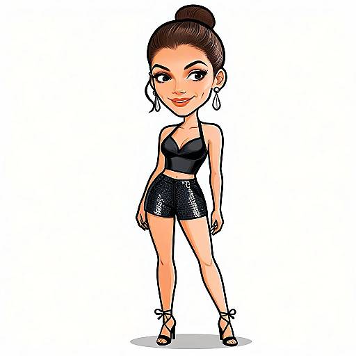 Stylish Cartoon Woman in Black Crop Top and Shiny Shorts Illustration