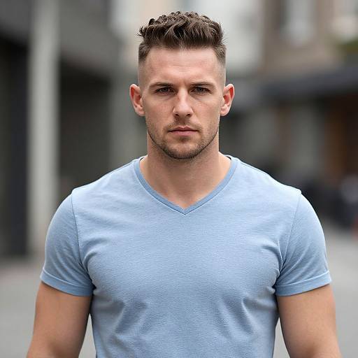 Portrait of Confident Young Man in Light Blue V-Neck T-Shirt Outdoors
