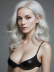 Young Woman with Platinum Blonde Hair in Black Leather Bra