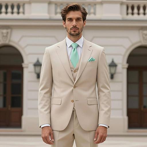 Modern Beige Suit with Mint Green Tie on a Stylish Man