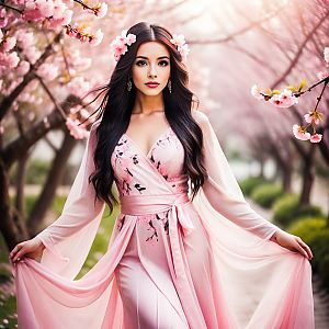 Woman in Pink Dress Among Cherry Blossoms