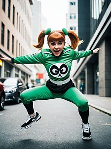 Woman in Green Costume Jumping in Urban Setting