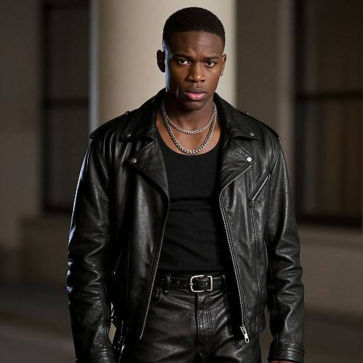 Confident Young Man in Black Leather Jacket and Pants