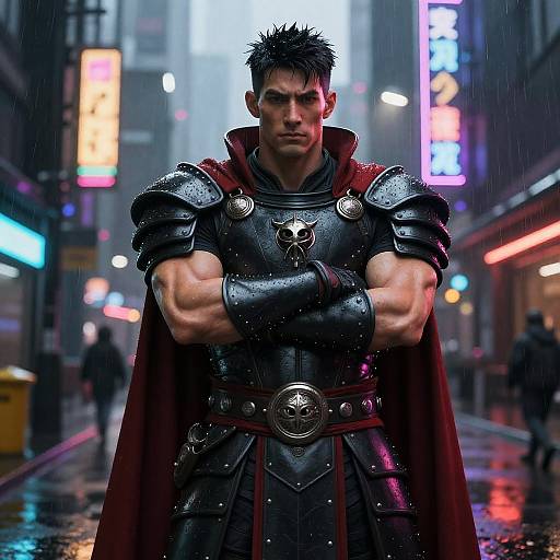 Futuristic Warrior Man in Cyberpunk Armor on Neon-lit Rainy Street
