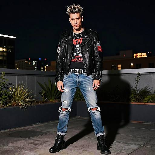 Gen Z Punk Style Man in Leather Jacket and Ripped Jeans on Rooftop at Night