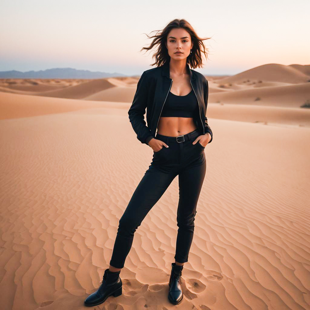 Stylish Woman in Desert at Sunset