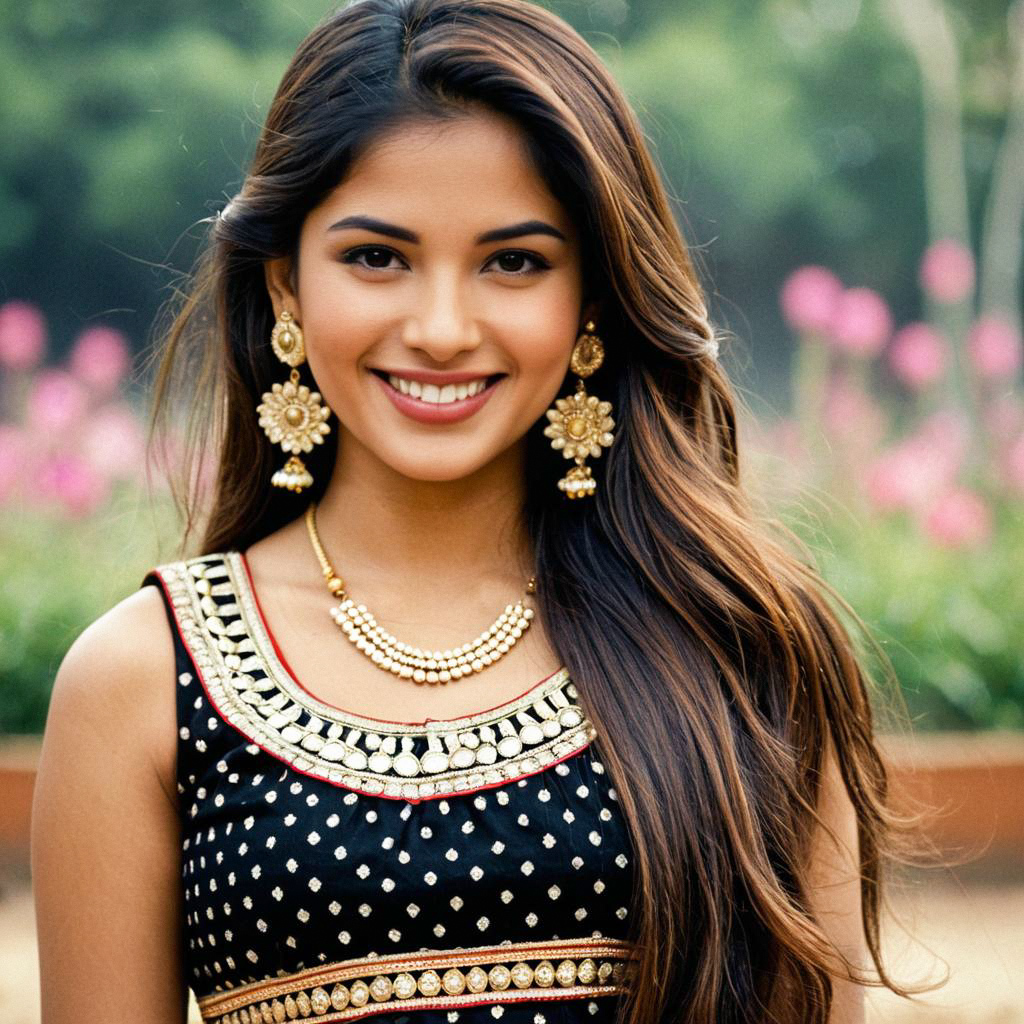 Young Woman in Stylish Indo-Western Choli with Gold Jewelry Young Woman in Stylish Indo-Western Choli with Gold Jewelry