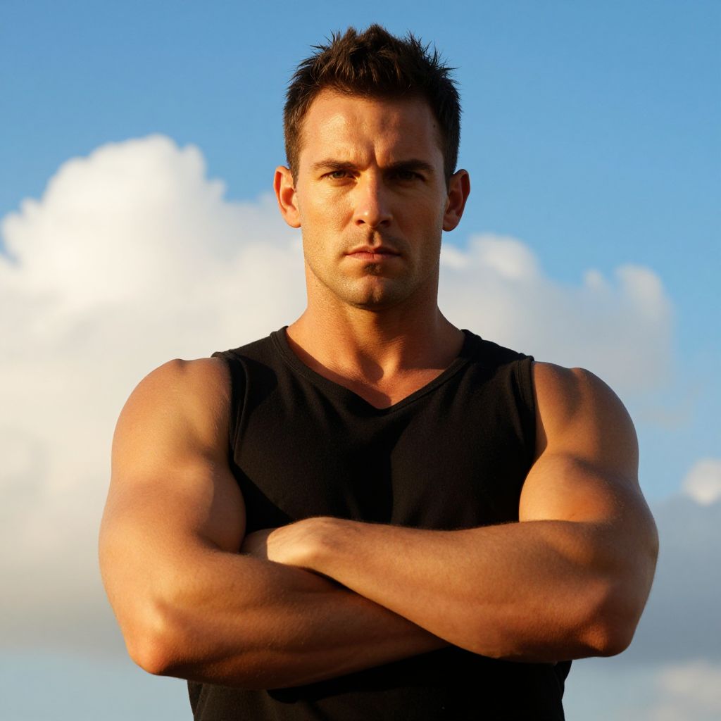 Confident Muscular Man with Arms Crossed Against Blue Sky