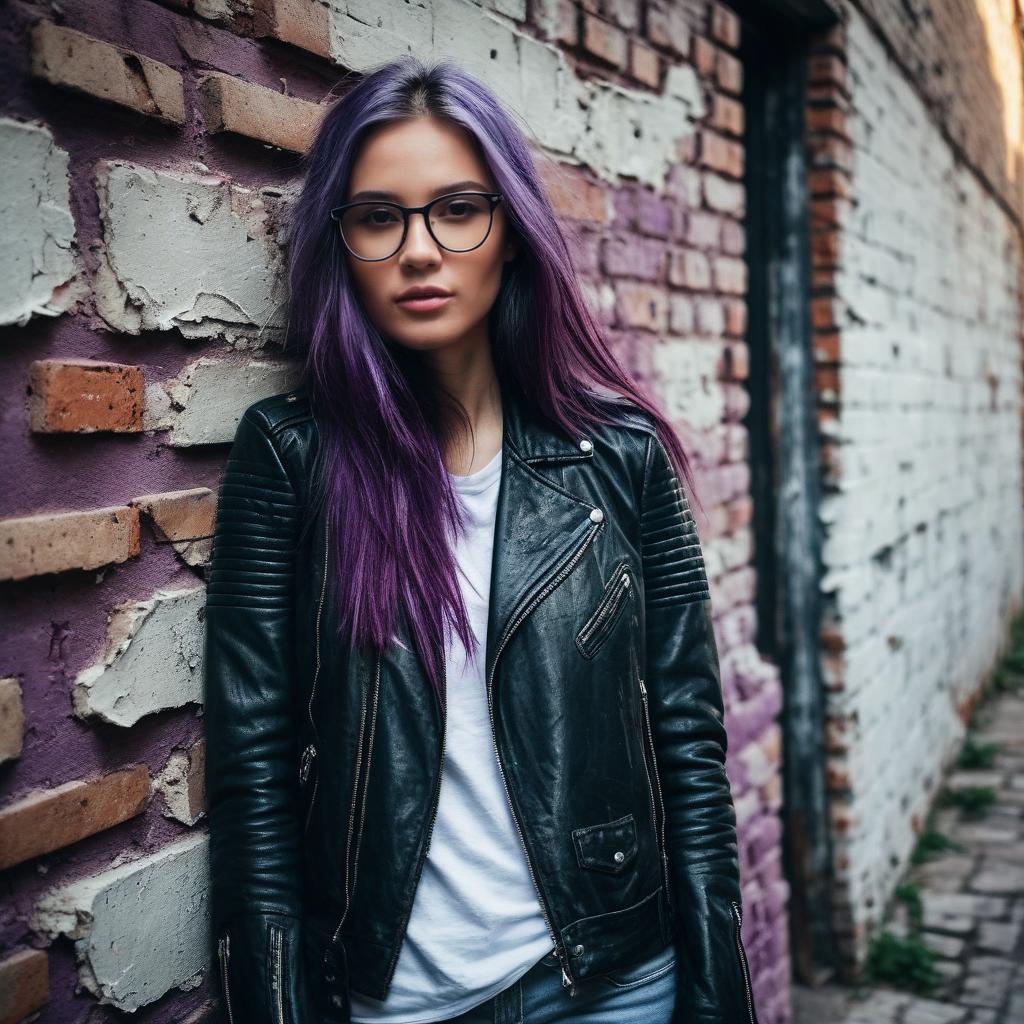 Young Woman with Purple Hair and Leather Jacket Against Urban Brick Wall