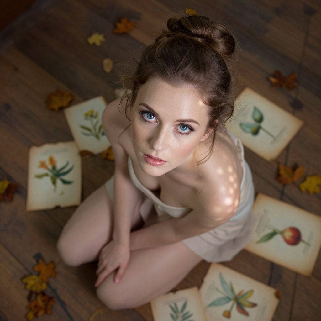 Young Woman Surrounded by Vintage Botanical Illustrations on Wooden Floor