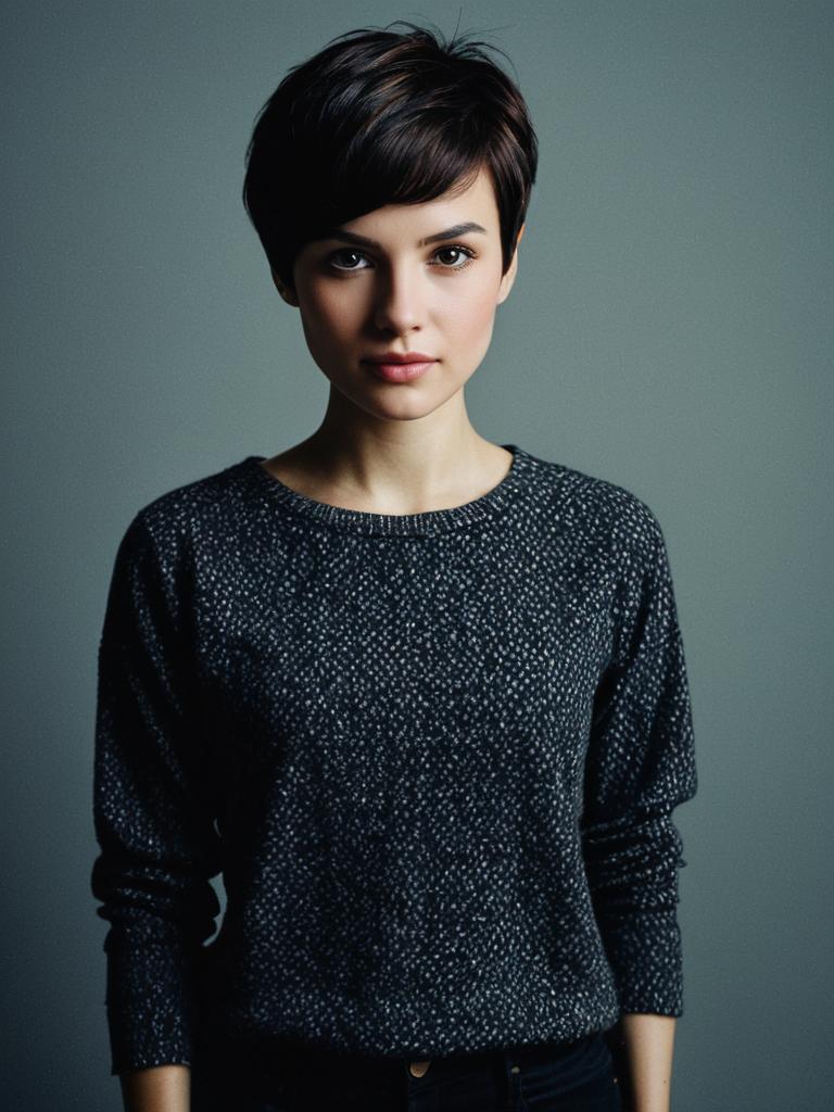 Young Woman with Dark Brown Pixie Cut Editorial Portrait