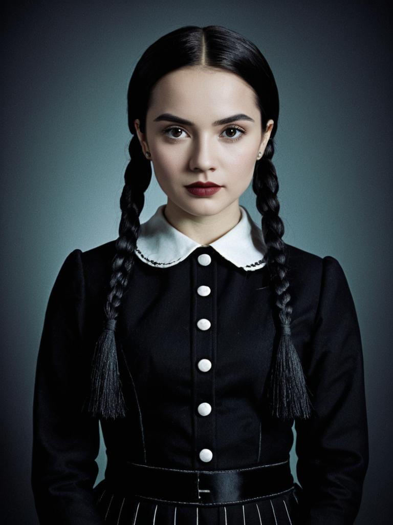 Photorealistic Studio Portrait of Woman in Wednesday Addams Costume