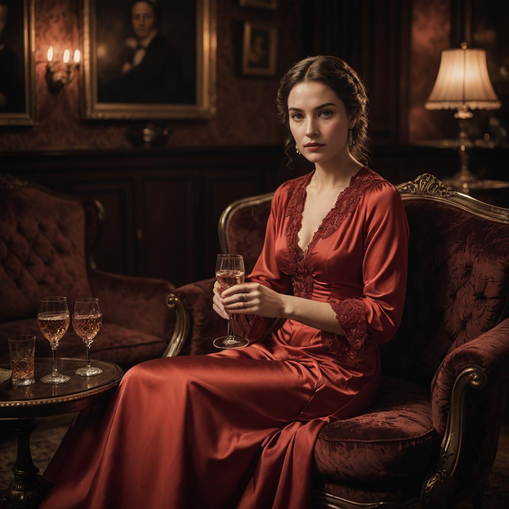 Elegant Woman in Red Dress with Champagne