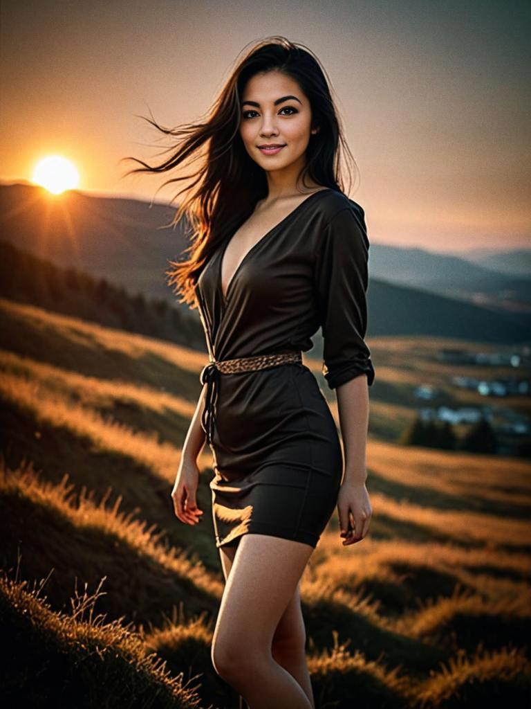 Woman in Stylish Dress in Golden Field at Sunset