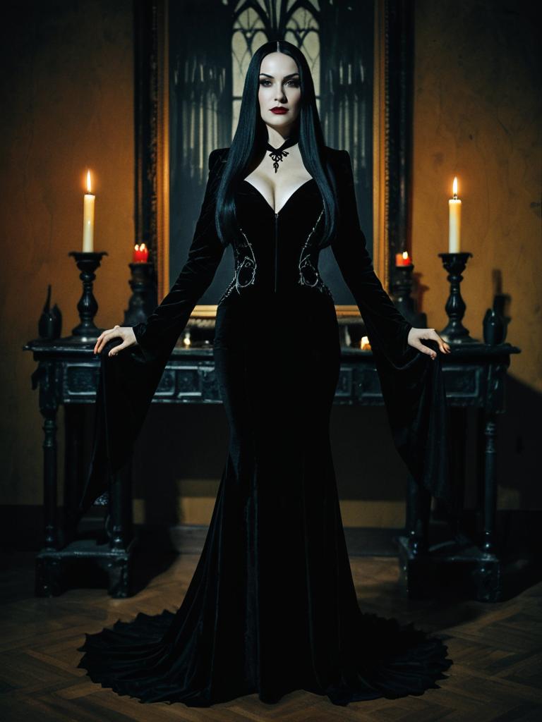 Woman in Morticia Addams Costume Gothic Full Body Cosplay Photo